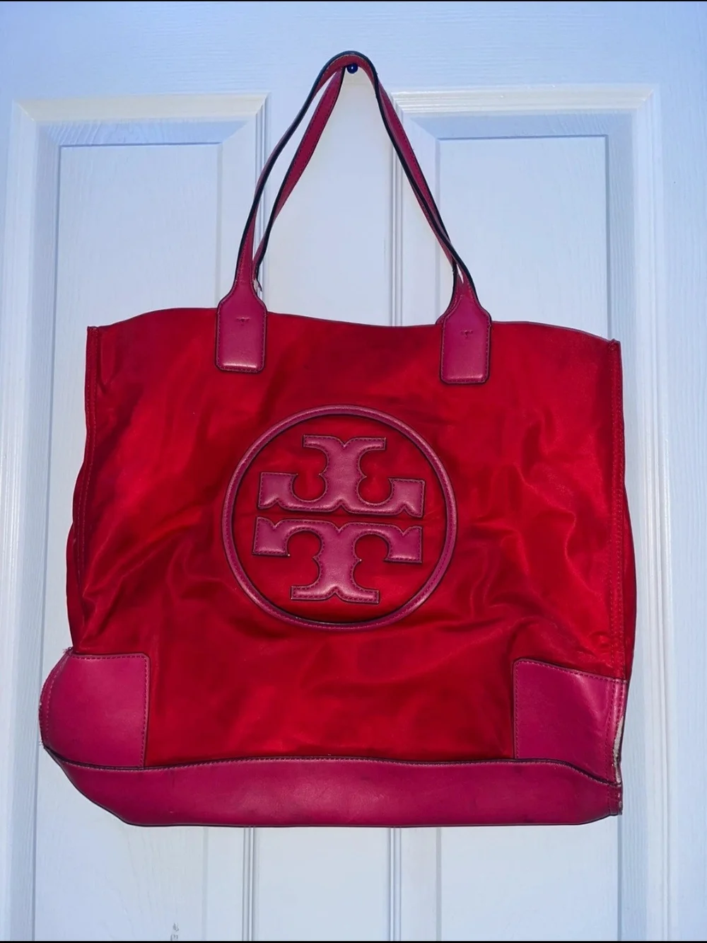 Tory Burch Red Logo Nylon Tote with Leather Trim